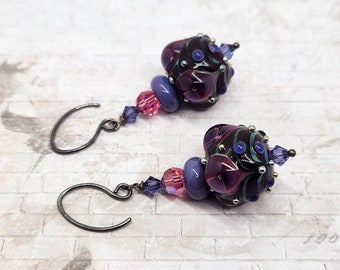 Violet Pink Lampwork Glass Bead Earrings, Hot Glass Jewelry, Gift Idea