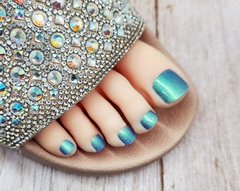 Aqua Blue Green Press on Toenails, Full Cover Holographic False Nail Set