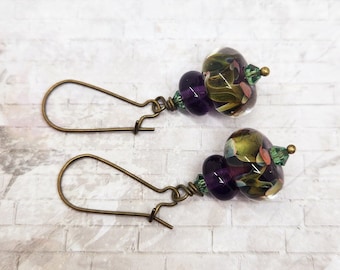 Violet Green Lampwork Glass Bead Earrings, Hot Glass Jewelry, Gift Idea