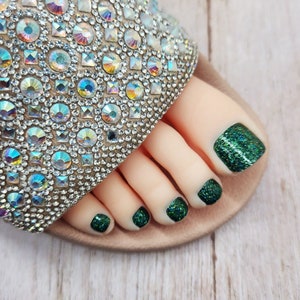 Press on Toenails, Dark Green, Full Cover, Holographic Glitter, False Nail Set