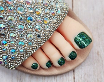 Dark Green Holographic Press on Toenails, Full Cover Holo Glitter False Toenail Set