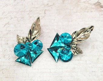 Blue Zircon Teal Rhinestone Earrings, Gift Idea, Vintage Statement Jewelry