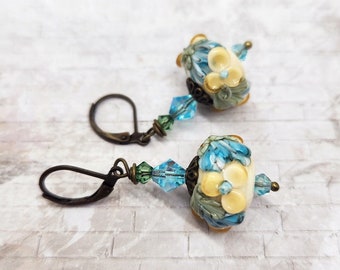 Yellow Aqua Floral Lampwork Glass Bead Earrings, Hot Glass Jewelry, Gift Idea