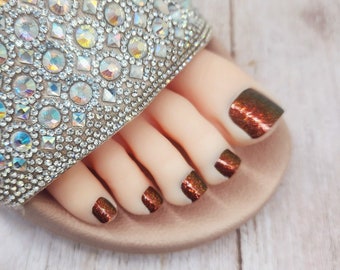 Red Orange Gold Press on Toenails, Large  Full Cover Holographic Glitter False Nail Set