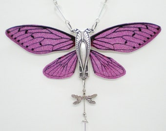 Purple Pink Cicada Fairy Wings Glitter Necklace, Vintage Inspired, Gift Idea