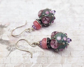 Lavender Pink Green Lampwork Glass Bead Earrings, Floral Jewelry, Gift Idea