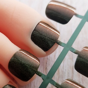 Press on Toenails, Olive Green Red, Holographic Glitter, Full Cover False Nail Set