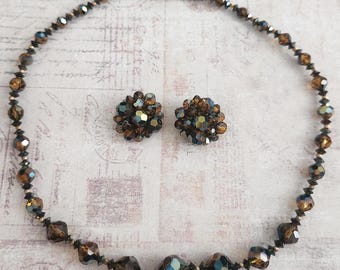 Crystal Necklace Earrings Set, Rare Mink Crystal Beads, Brown Aurora Borealis, Vintage Costume Jewelry