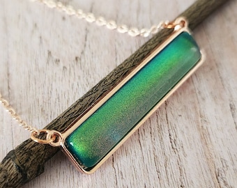 Blue Green Glass Pendant Necklace, Holographic Glitter Jewelry, Simple Minimalist Necklace, Rose Gold Metal, Gift Idea