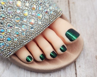 Green Press on Toenails, Full Cover Holographic Glitter False Nail Set