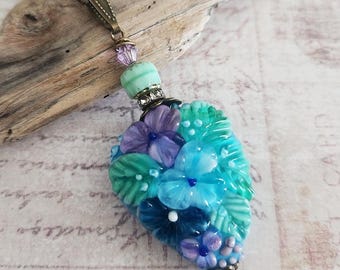 Floral Glass Necklace, Sea Green Aqua Lavender, Handmade Artisan Lampwork Bead Pendant