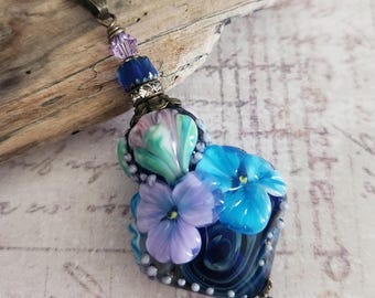 Floral Glass Necklace, Aqua Lavender Blue, Handmade Artisan Lampwork Bead Pendant