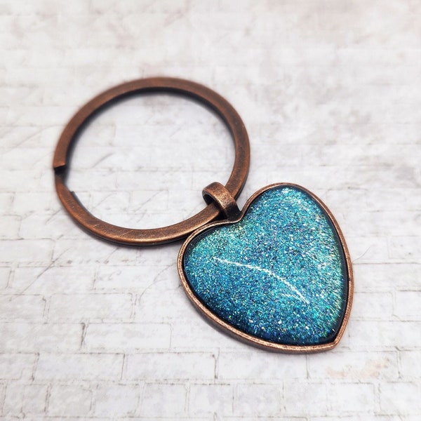 Handmade Keyring, Aqua Glitter Keychain, Copper Heart, Gift Idea, Valentine's Day