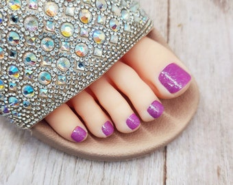 Lavender Pink Press on Toenails, Full Cover Holographic Glitter False Nail Set