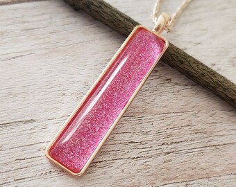 Pink Glass Pendant Necklace, Holographic Glitter Jewelry, Simple Minimalist Necklace, Rose Gold Metal, Gift Idea