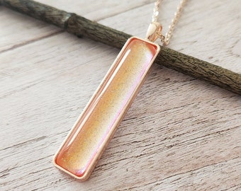 Peach Pink Glass Pendant Necklace, Holographic Glitter Jewelry, Simple Minimalist Necklace, Rose Gold Metal, Gift Idea