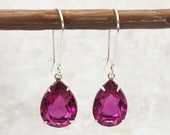 Transparent Fuchsia Rhinestone Earrings, Bridesmaid Jewelry, Gift for Her, Hot Pink Wedding, Teardrop Rhinestones, Wedding Party Gift