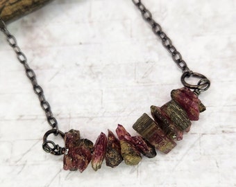 Pink Green Watermelon Tourmaline Bar Necklace, Gift Idea