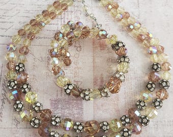 Vendome Necklace Bracelet Set, Colorado Topaz Jonquil Yellow Crystal, Aurora Borealis, Vintage Costume Jewelry Demi Parure