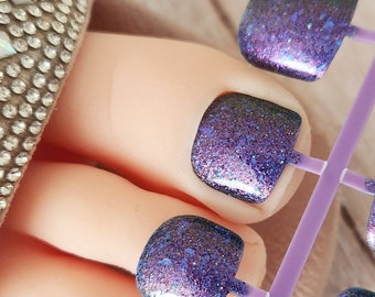 Purple Pink Blue Press on Toenails, Iridescent Holographic Flakie Glitter, Full Cover False Nail Set