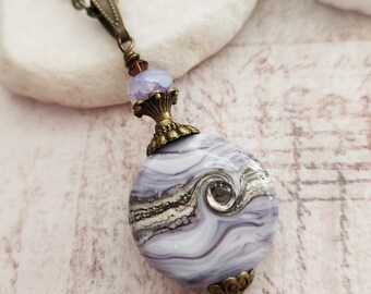 Pale Lavender Silvered Ivory Glass Necklace, Handmade Artisan Lampwork Bead Pendant, Rustic Necklace, Hot Glass Jewelry, Gift Idea