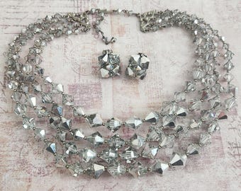 Comet Argent Light Crystal Parure, 4 Strand Necklace Earrings Bracelet, Vintage Costume Jewelry