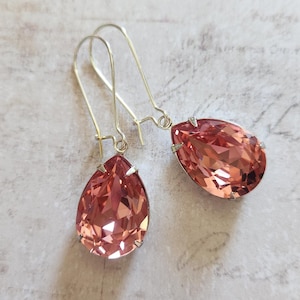 Pink Peach Crystal Rhinestone Drop Earrings, Rose Peach Rhinestones, Simple Teardrop Earrings, Gift Idea