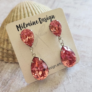 Rose Peach Crystal Rhinestone Drop Earrings, Statement Jewelry, Double Teardrop Earrings, Gift Idea