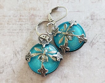 Turquoise Aqua Art Nouveau Dragonfly Earrings, Czech Glass Buttons, Vintage Inspired Jewelry, Dragonfly Lover Gift
