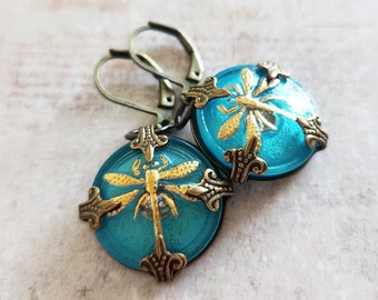 Dragonfly Earrings, Turquoise, Art Nouveau Inspired, Czech Glass Buttons, Vintage Inspired Jewelry, Dragonfly Lover Gift