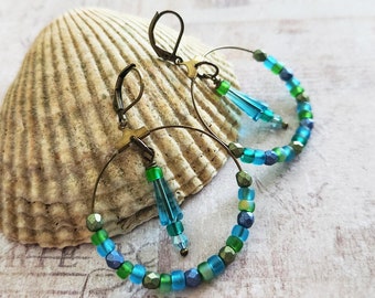 Aqua Green Beaded Hoop Earrings, Delicate Frosted Glass Beads, Matte Green Blue Czech Beads, Boho Earrings, Gift for Her