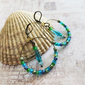 Aqua Green Beaded Hoop Earrings, Delicate Frosted Glass Beads, Matte Green Blue Czech Beads, Boho Earrings, Gift for Her