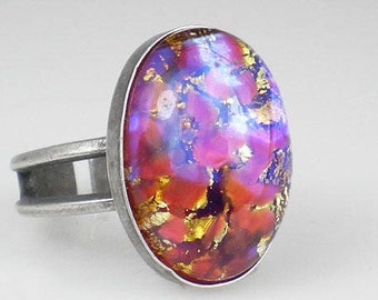 Ruby Fire Opal Czech Glass Ring, Statement Jewelry, Gift Idea