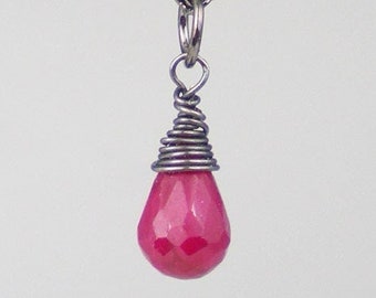 Pink Red Ruby Briolette Pendant Necklace, Wire Wrapped Jewelry, Gift Idea