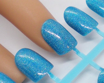 Artificial Nails, Holo Press On Nails, Hand Painted Nails, Aqua Holographic Nails, False Nail Set, Glitter False Nails, MADE TO ORDER