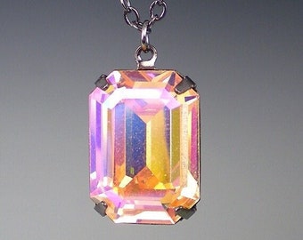 Light Peach Glacier Blue Rhinestone Pendant Necklace, Gift Idea