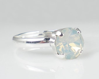 White Opal Rhinestone Ring, Adjustable Ring, Rhinestone Jewelry,  Gift for Her