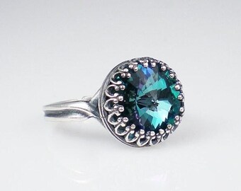 Aqua Lavender Rivoli Rhinestone Ring, Vintage Inspired Jewelry, Gift Idea