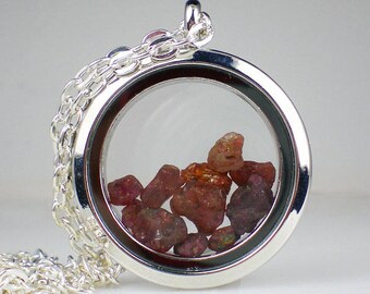 Ruby Floating Glass Locket Pendant Necklace, Red Gemstone Jewelry, Gift Idea