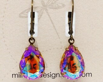 Rhinestone Earrings, Pink Orange Lavender, Crystal Earrings, Gift for Her, Dangle Earrings, Oxidized Brass, Gift Idea, Pink Orange Earrings
