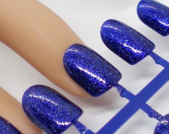Artificial Nails, Hand Painted Nails, Holo Press On Nails, Navy Blue Holographic Nails, False Nail Set, Glitter False Nails, Made to Order