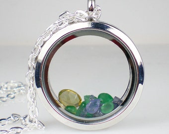 Floating Glass Necklace, Tanzanite, Emerald & Citrine Pendant, Glass Locket Necklace, Gemstone Pendant Necklace, Gift Idea