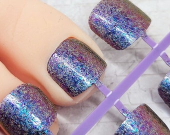 Blue Magenta Holo Press on Toenails, Chrome Flakie Glitter False Nail Set