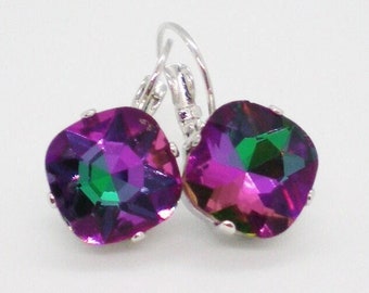 Fuchsia Green Rhinestone Drop Earrings, Gift Idea