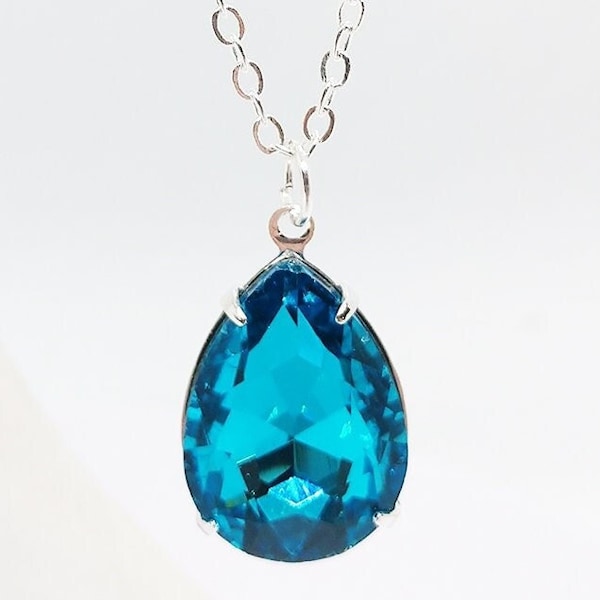 Dark Aqua Rhinestone Pendant Necklace, Bridesmaid Jewelry, Aqua Wedding, Gift for Her, Simple Teardrop Necklace, Wedding Party Gift