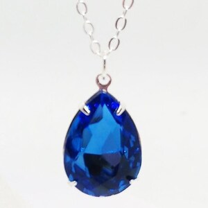 Rhinestone Necklace, Sapphire Blue Simple Teardrop Pendant, Blue Wedding, Bridesmaid Jewelry, Gift for Her, Wedding Party Gift