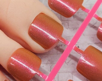 Shifting Brown Pink Press on Toenails, Full Cover Glitter False Nail Set