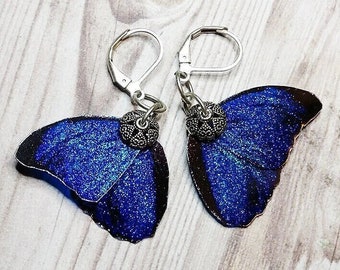 Aqua Blue Glitter Butterfly Wing Earrings, Fairy Wing Jewelry, Vintage Inspired, Gift Idea