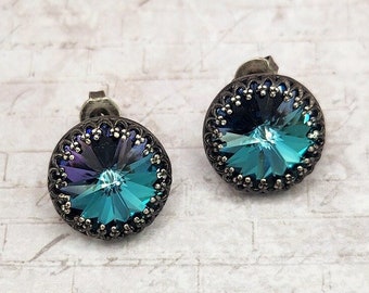 Lavender Aqua Rivoli Rhinestone Earrings, Blue Lagoon Rhinestones, Crystal Earrings, Gift for Her