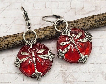 Red Dragonfly Earrings, Czech Glass Buttons, Vintage Inspired Jewelry, Dragonfly Lover Gift